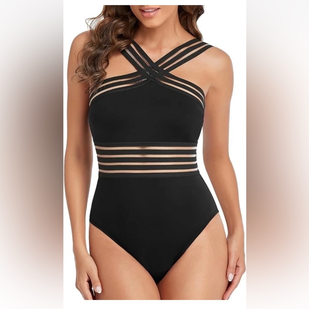 Hilor Black One Piece Swimsuit with Sheer Mesh Stripes